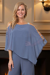 Dreamyannie Dusty Blue Chiffon Thick Straps 2 Piece Mother Of The Bride Pant Suits With Cape