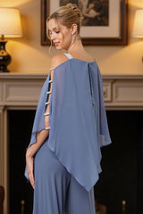 Dreamyannie Dusty Blue Chiffon Thick Straps 2 Piece Mother Of The Bride Pant Suits With Cape