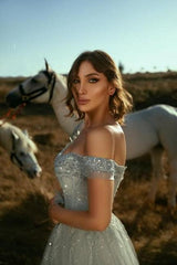 Dreamyannie Dusty Blue Prom Dress A Line Off The Shoulder Sleeveless Lace Tulle Formal Dress With Sequins