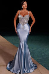 Dreamyannie Dusty Blue Prom Dress Mermaid Spaghetti Straps Satin Rhinestones Formal Dress