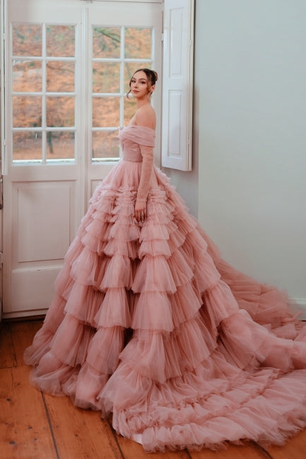Dreamyannie Dusty Rose A Line Prom Dress Strapless Off The Shoulder Sleeves Ball Gown Tulle Formal Dress