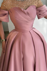 Dreamyannie Dusty Rose A Line Satin Rhinestones Formal Dress With Short Sleeves