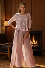 Dreamyannie Dusty Rose Boat Neck Chiffon Mother Of The Bride Jumsuits With Slit