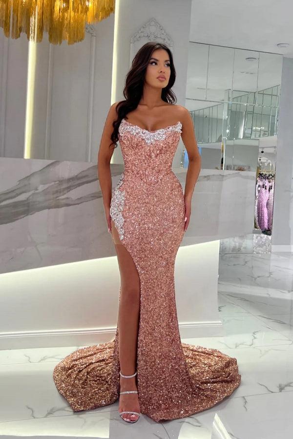 Dreamyannie Dusty Rose Prom Dress Strapless Sequined Lace Formal Dress With Slit