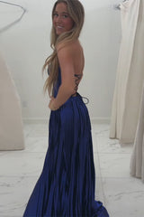 Dreamyannie Elegant Metallic Royal Blue Prom Dress Corset Formal Dress With Slit
