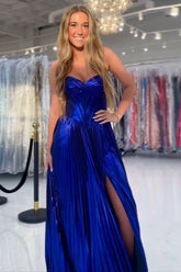Dreamyannie Elegant Metallic Royal Blue Prom Dress Corset Formal Dress With Slit
