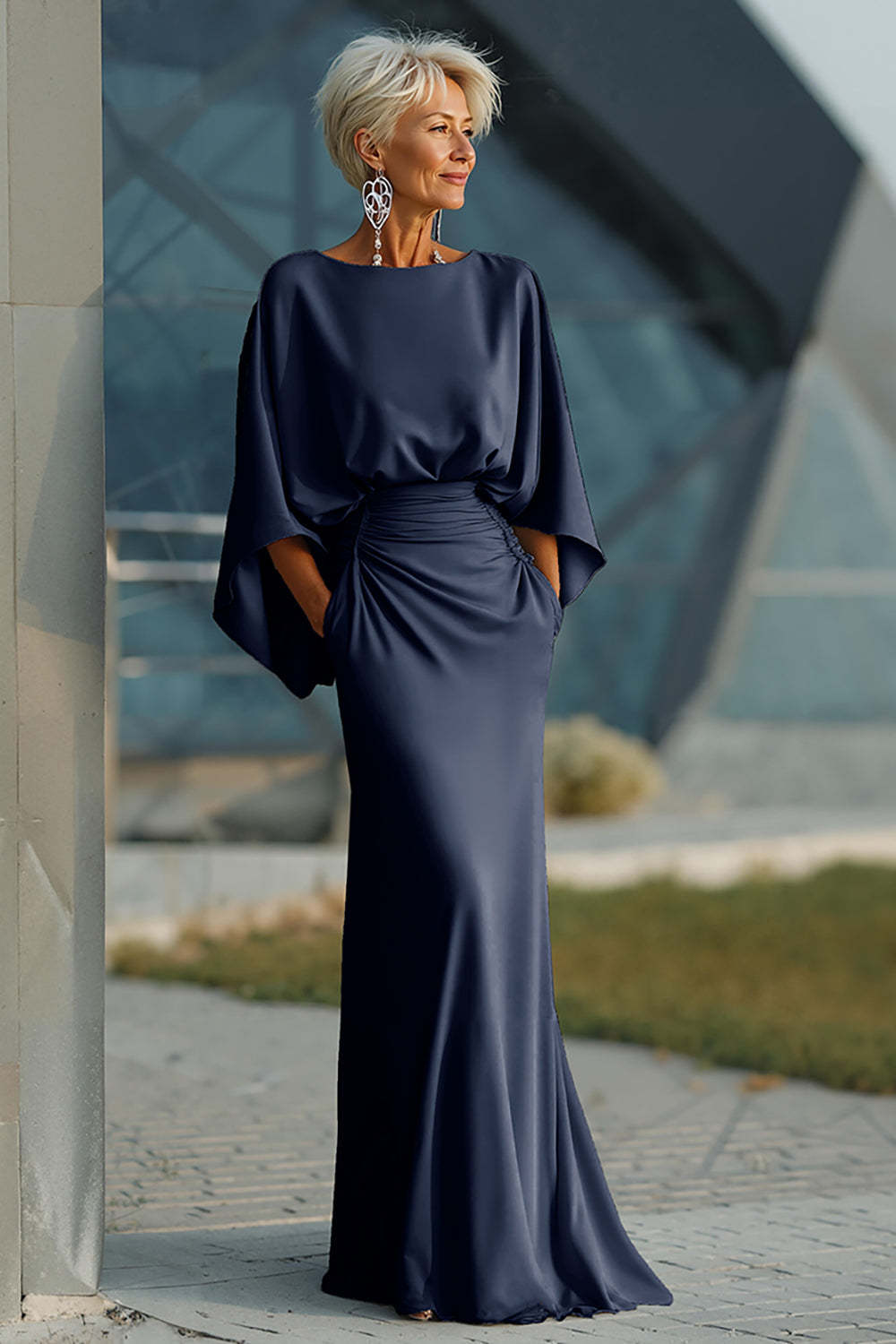 Dreamyannie Elegant Navy Satin Mermaid Backless Long Mother Of The Bri