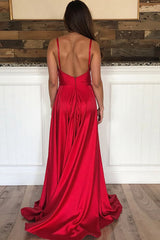 Dreamyannie Elegant Red Prom Dress Spaghetti Straps Satin Long Formal Dress With Slit