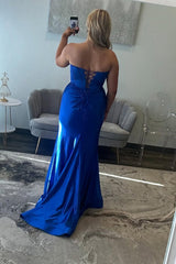 Dreamyannie Elegant Royal Blue Prom Dress Satin Corset Formal Dress With Slit