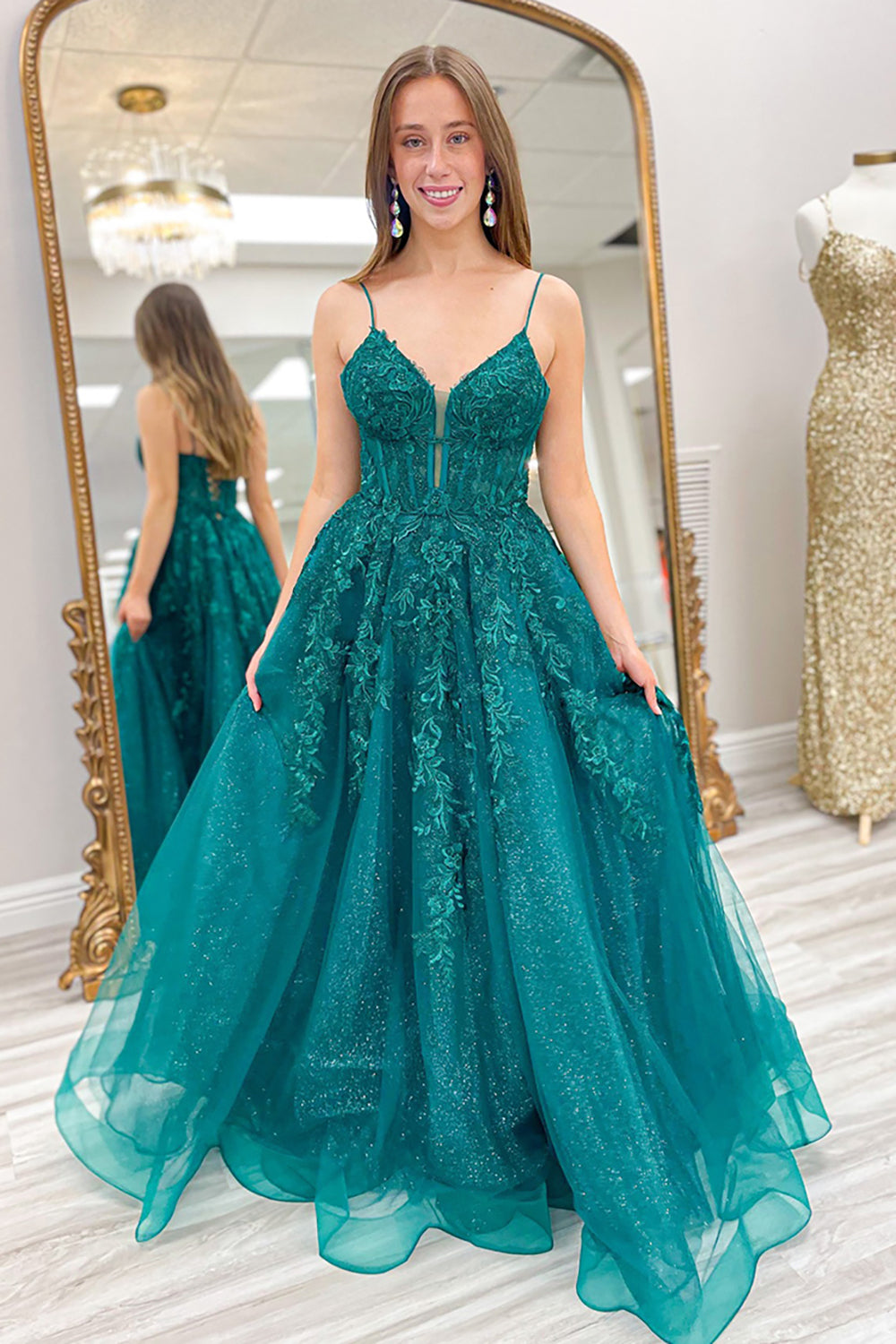 Dreamyannie Emerald Green Prom Dress Floral A-Line Spaghetti Straps Formal Dress