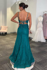 Dreamyannie Emerald Green Prom Dress Mermaid Spaghetti Straps Long Formal Dress With Slit