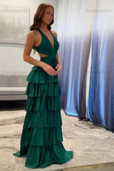 Dreamyannie Emerald Green Prom Dress Tiered A-Line Halter Long Formal Dress With Slit