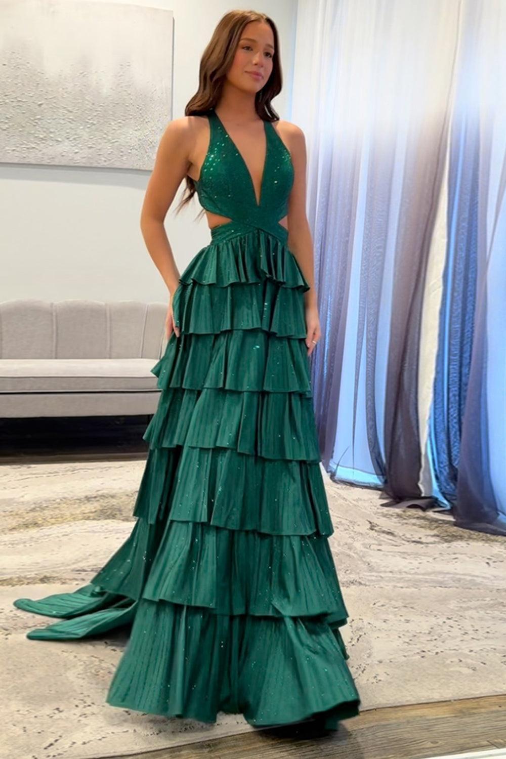 Dreamyannie Emerald Green Prom Dress Tiered A-Line Halter Long Formal Dress With Slit