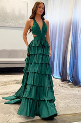 Dreamyannie Emerald Green Prom Dress Tiered A-Line Halter Long Formal Dress With Slit