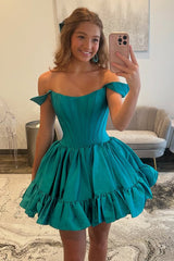 Dreamyannie Emerald Off The Shoulder Homecoming Dresses Satin Short Corset Cocktail Dresses With Ruffles