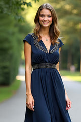 Dreamyannie Floor Length Beaded Navy Wedding Guest Dress A Line Formal Dress With Cape Sleeves
