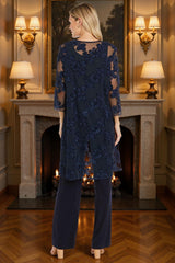Dreamyannie Floral Lace Navy 3 Piece Mother Of The Bride Pant Suits With Jacket
