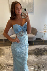 Dreamyannie Floral Mermaid Sky Blue Prom Dress Strapless Long Formal Dress With Bow