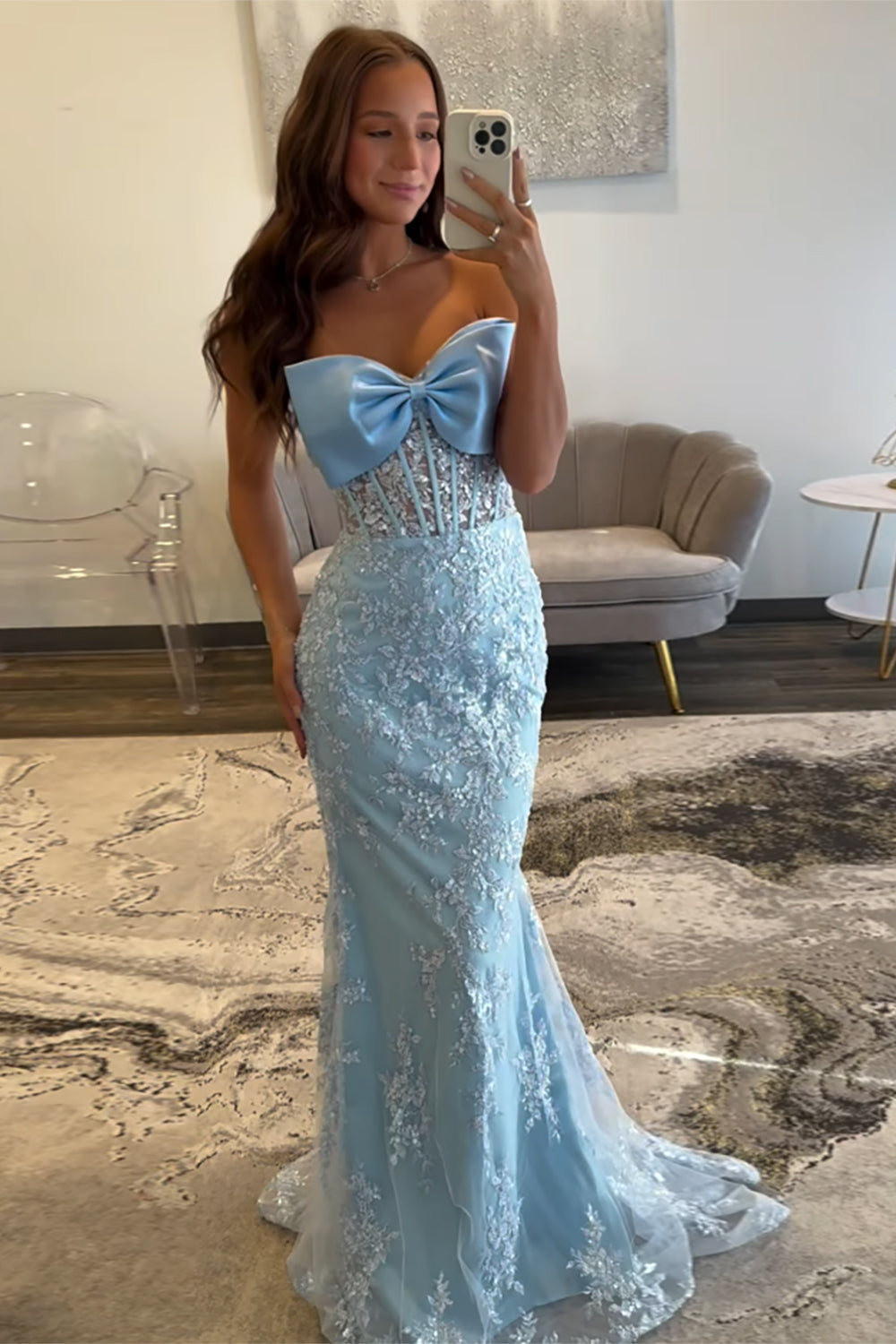 Dreamyannie Floral Mermaid Sky Blue Prom Dress Strapless Long Formal Dress With Bow