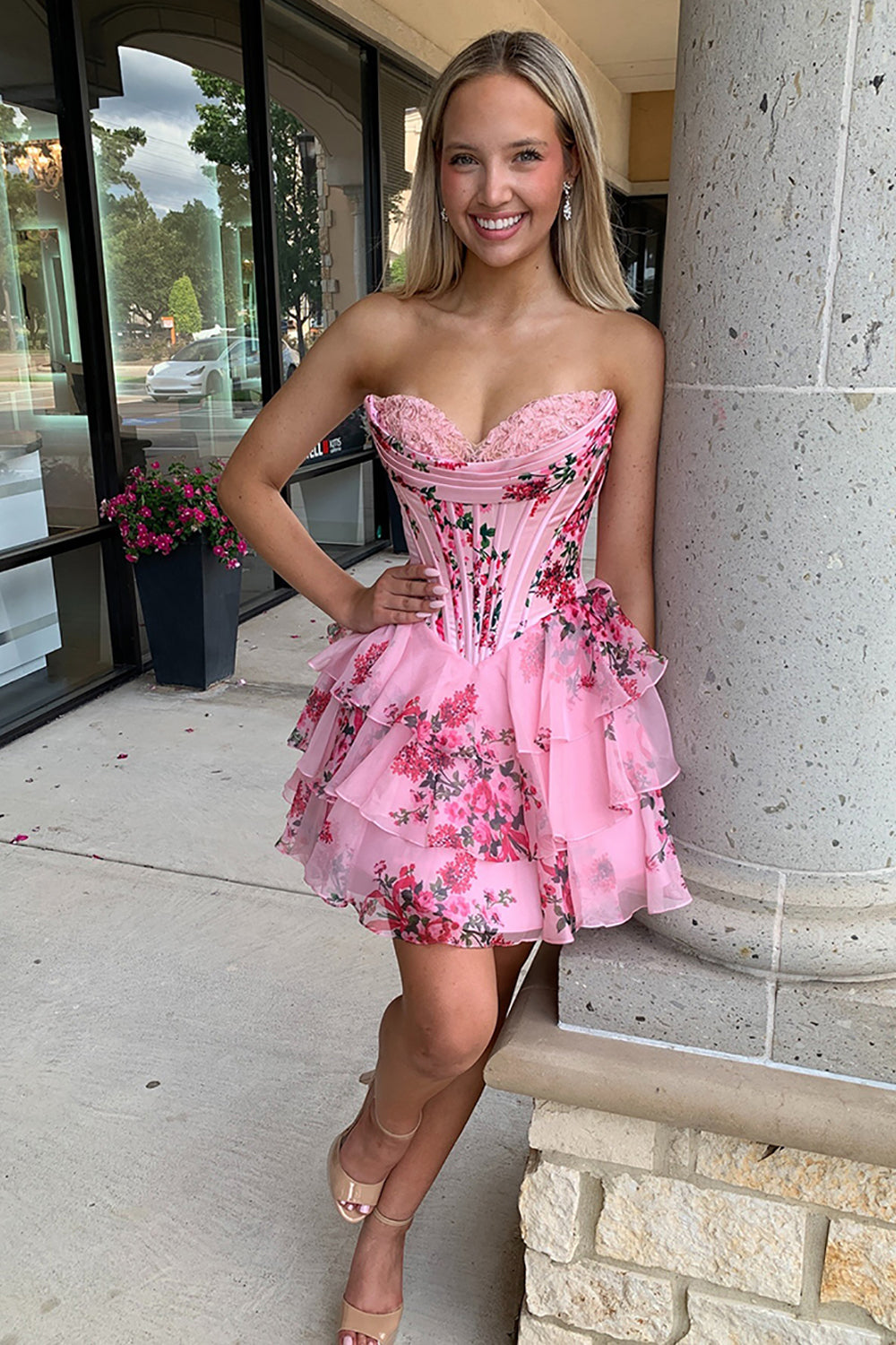 Dreamyannie Floral Pink Corset A Line Homecoming Dresses Short Cocktail Dresses With Ruffles