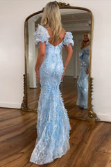 Dreamyannie Floral Pink Prom Dress Mermaid Long Formal Dress With Puffsleeves