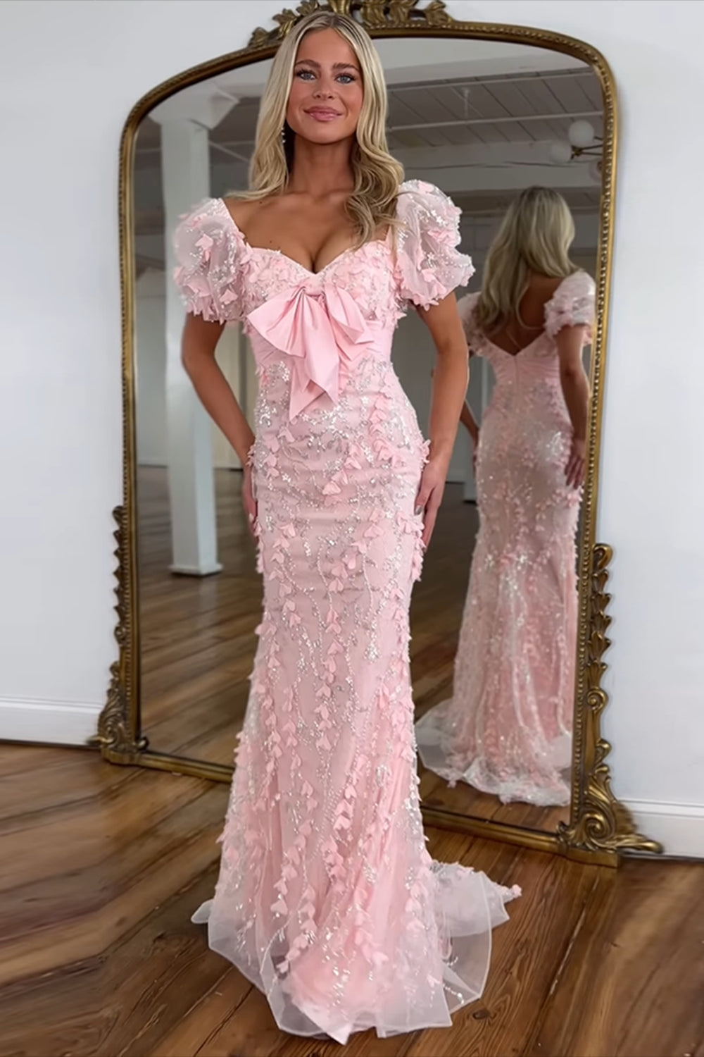 Dreamyannie Floral Pink Prom Dress Mermaid Long Formal Dress With Puffsleeves