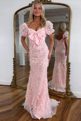 Dreamyannie Floral Pink Prom Dress Mermaid Long Formal Dress With Puffsleeves