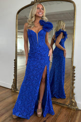 Dreamyannie Floral Royal Blue Prom Dress One Shoulder Corset Formal Dress With Slit