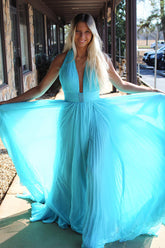 Dreamyannie Flowy Turquoise Prom Dress Pleated Halter Long Chiffon Formal Dress