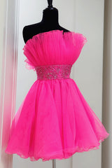 Dreamyannie Fuchsia A Line Homecoming Dresses Beaded Strapless Short Cocktail Dresses