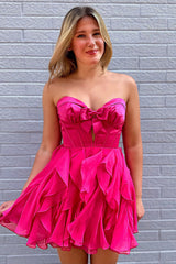 Dreamyannie Fuchsia A Line Homecoming Dresses Ruffled Short Corset Cocktail Dresses With Bow