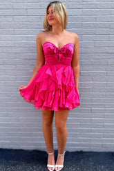Dreamyannie Fuchsia A Line Homecoming Dresses Ruffled Short Corset Cocktail Dresses With Bow