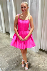 Dreamyannie Fuchsia A Line Homecoming Dresses Satin Short Corset Cocktail Dresses