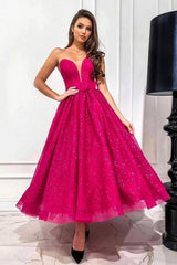 Dreamyannie Fuchsia A Line Sweetheart Strapless Sequined Formal Dress