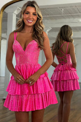 Dreamyannie Fuchsia Beaded Homecoming Dresses Tiered Ruffled A Line Short Cocktail Dresses