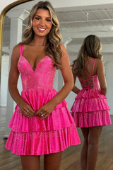 Dreamyannie Fuchsia Beaded Homecoming Dresses Tiered Ruffled A Line Short Cocktail Dresses
