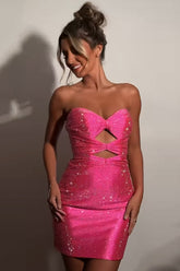 Dreamyannie Fuchsia Cut Out Tight Homecoming Dresses Beaded Short Cocktail Dresses