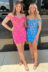 Dreamyannie Fuchsia Floral Tight Homecoming Dresses Short Corset Cocktail Dresses With Slit