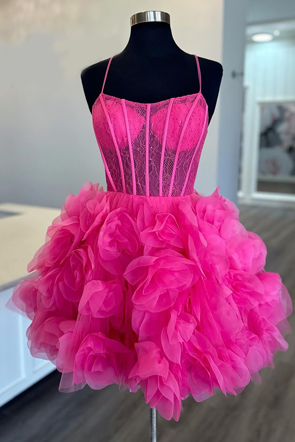 Dreamyannie Fuchsia Floral Tulle A Line Homecoming Dresses Short Corset Cocktail Dresses With Ruffles