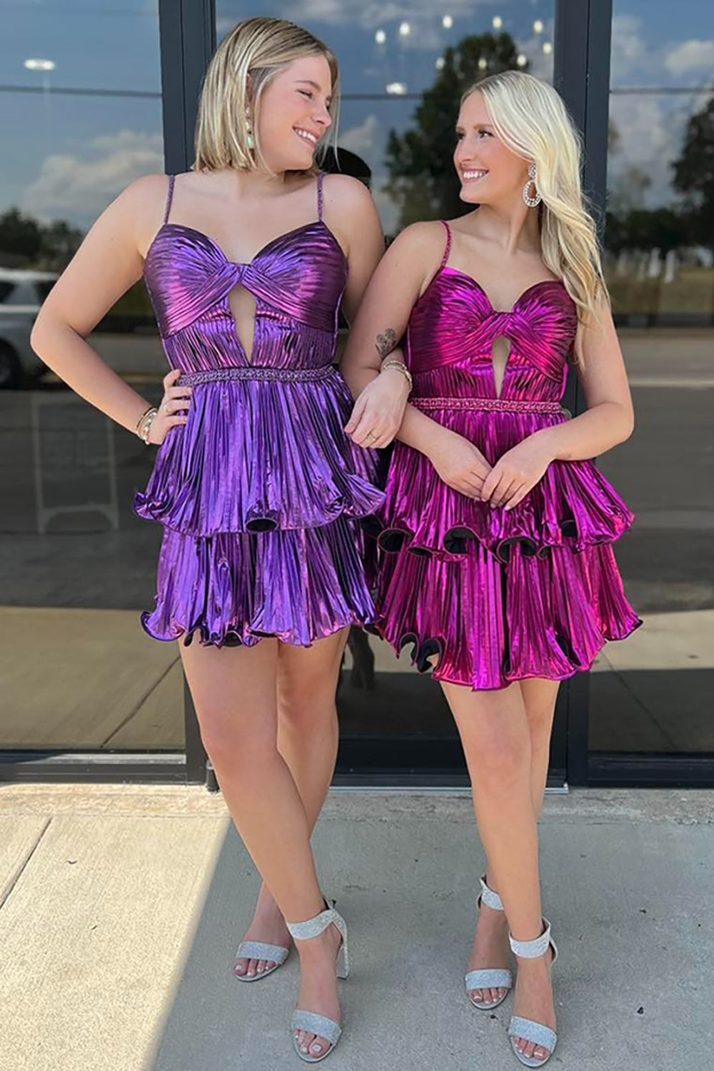 Dreamyannie Fuchsia Metallic A Line Homecoming Dresses Pleated Short Cocktail Dresses With Ruffles