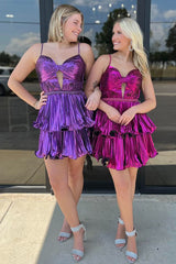 Dreamyannie Fuchsia Metallic A Line Homecoming Dresses Pleated Short Cocktail Dresses With Ruffles
