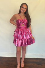 Dreamyannie Fuchsia Metallic Homecoming Dresses Floral Short Cocktail Dresses With Ruffles