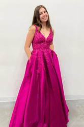 Dreamyannie Fuchsia Prom Dress A Line Appliqued Satin Long Formal Dress With Pockets