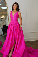 Dreamyannie Fuchsia Prom Dress A Line Backless Long Formal Dress With Slit