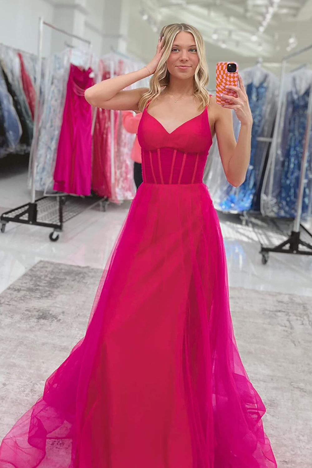 Dreamyannie Fuchsia Prom Dress A Line Corset Spaghetti Straps Long Tulle Formal Dress