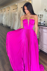 Dreamyannie Fuchsia Prom Dress A Line Halter Neck Pleated Long Formal Dress