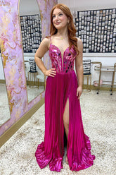 Dreamyannie Fuchsia Prom Dress A Line Pleated Mirror Long Formal Dress With Slit