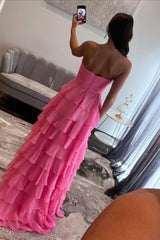 Dreamyannie Fuchsia Prom Dress A-Line Sweetheart Tiered Formal Dress With Slit