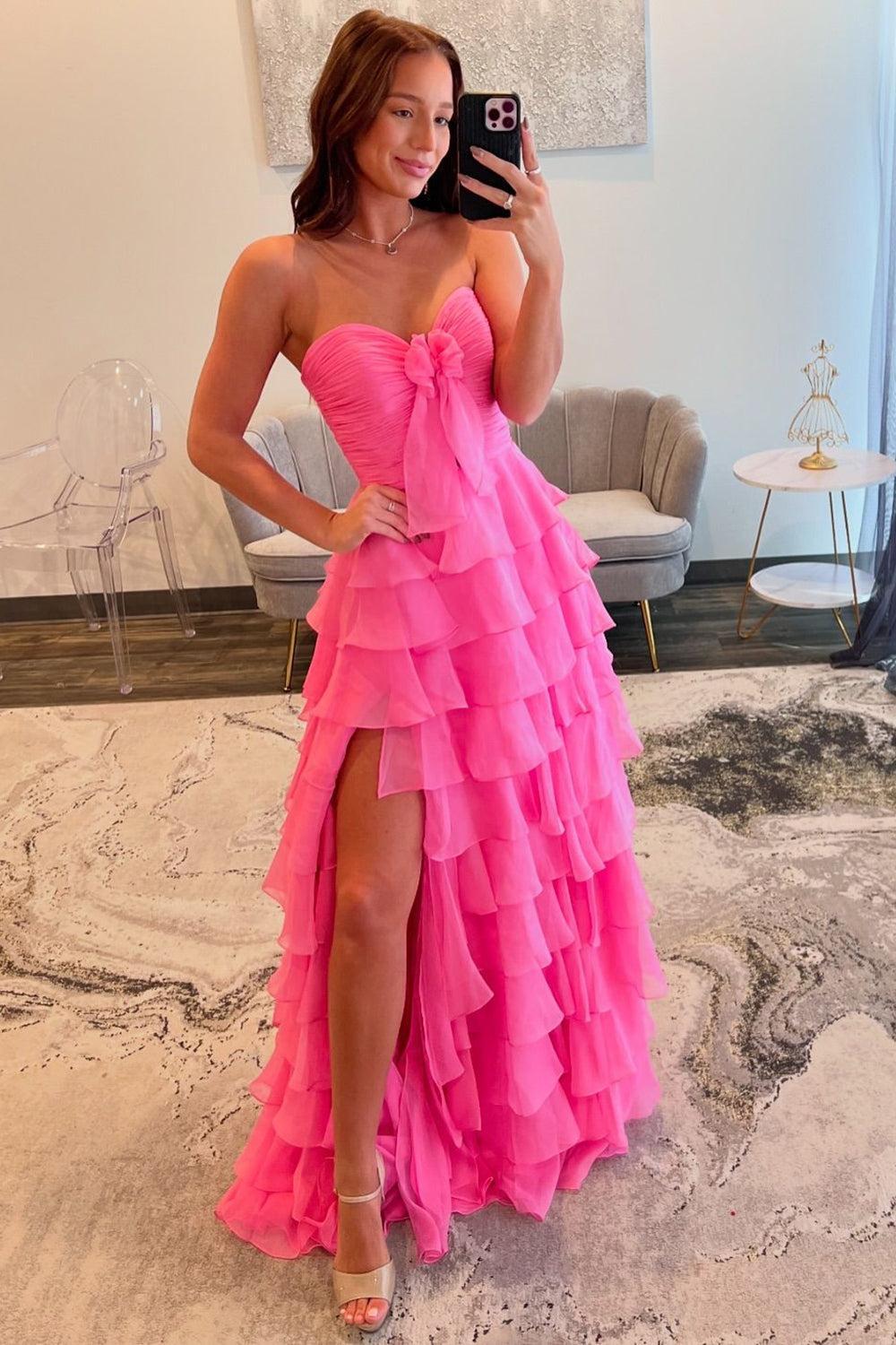 Dreamyannie Fuchsia Prom Dress A-Line Sweetheart Tiered Formal Dress With Slit