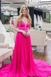 Dreamyannie Fuchsia Prom Dress A Line V-Neck Pleated Satin Formal Dress